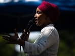 Ilhan Omar speaks during a get out the vote event with Democratic Senate candidate, Minnesota Lt. Gov. Peggy Flanagan, at Cedar Field Park on August 8.(Getty Images via AFP)