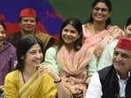 Samajwadi Party national president Akhilesh Yadav and Mainpuri MP Dimple Yadav at a joint press conference in Lucknow on Wednesday. (Deepak Gupta/HT Photo)
