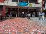 The area near a canteen strewn over with stickers during poll campaign of various parties at Panjab University on Wednesday. (HT Photo)