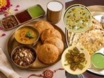 Matar and Pyaz Ki Kachori with Spicy Aloo Sabzi and Aate Gud Ka Halwa, Amritsari Chole, Sultani Custard Kheer and Patod