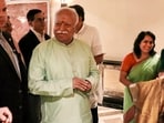 RSS Chief Mohan Bhagwat being received on his arrival at John F. Kennedy International Airport ahead of the Raksha Bandhan festival, in New York, United States. (Handout via PTI)