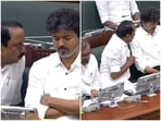 Tamil Nadu chief minister Vijay seen seated next to ministers instead of his usual chair at the state Assembly