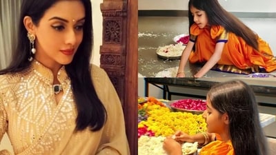 Asin shares glimpse of daughter Arin making Pookalam. Asin shares glimpse of daughter Arin making Pookalam.