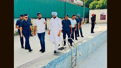 Former Union minister Ravneet Singh Bittu inspected the School of Eminence’s lawn tennis courts, various sports grounds, and the swimming pool facility. (HT PHOTO) Former Union minister Ravneet Singh Bittu inspected the School of Eminence’s lawn tennis courts, various sports grounds, and the swimming pool facility. (HT PHOTO)