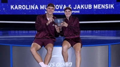 Karolina Muchova of Czechia and Jakub Mensik of Czechia pose for a photo during the trophy presentation after defeating Belinda Bencic of Switzerland and Flavio Cobolli of Italy in the Mixed Doubles Fina Karolina Muchova of Czechia and Jakub Mensik of Czechia pose for a photo during the trophy presentation after defeating Belinda Bencic of Switzerland and Flavio Cobolli of Italy in the Mixed Doubles Fina