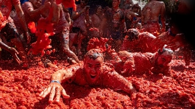 People bathe in tomatoes during the annual "La Tomatina" food fight and have a blast with their friends and strangers.&nbsp; (REUTERS)