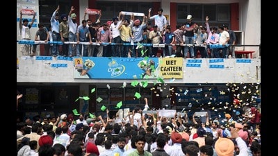 Students campaigning during students council election at UIET South Campus Sector 25 in Chandigarh on Thursday. (Keshav Singh/HT) Students campaigning during students council election at UIET South Campus Sector 25 in Chandigarh on Thursday. (Keshav Singh/HT)