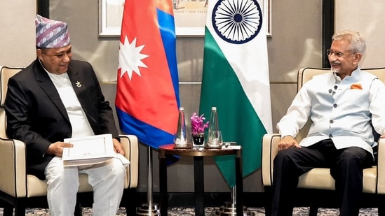 External Affairs Minister S Jaishankar (R) seen with Nepal Foreign Minister Shisir Khanal, in New Delhi.
