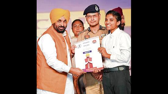 Chief minister Bhagwant Mann on handing over appointment letter to a recruit at the Punjab Armed Police headquarters in Jalandhar on Thursday.