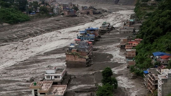 A drone view of mud covered properties following a flash flood at Trishuli in Nuwakot district, Nepal.