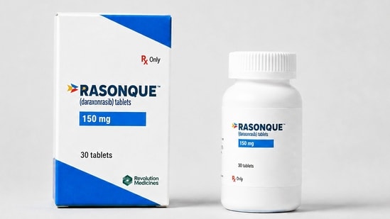 This photo provided by Revolution Medicines on Wednesday, Aug. 26, 2026 shows packaging for the new pancreatic cancer drug, daraxonrasib, under the brand name Rasonque. (Revolution Medicines via AP)