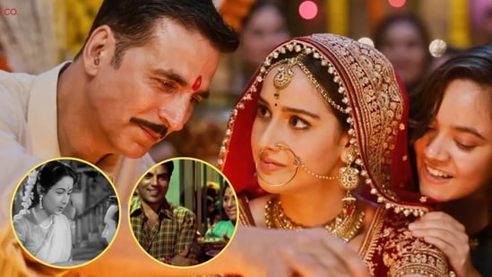 A still from feature film Raksha Bandhan (2022), Bhaiya Mere Rakhi Ke Bandhan (Chhoti Bahen, 1959) and Behna Ne Bhai Ki Kalai (Resham Ki Dori, 1974)