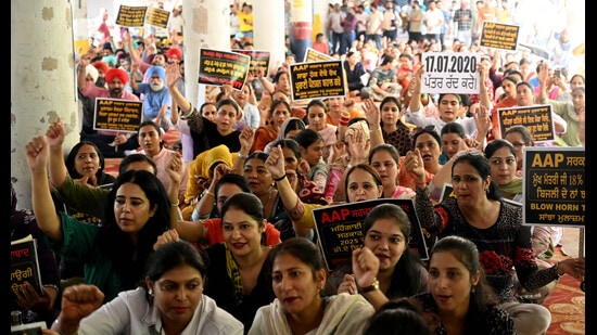The employees staging a protest at Sector 17, Chandigarh, on Thursday. (Ravi Kumar/ HT)