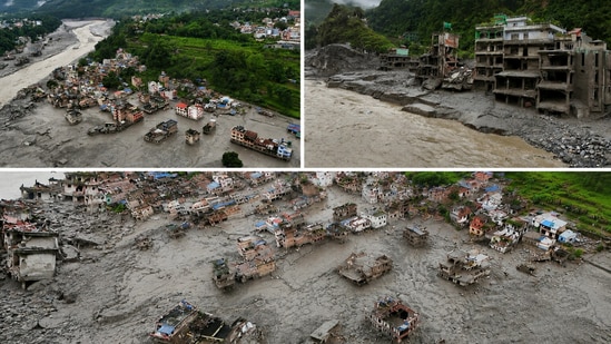 Vehicles were buried, while debris was left hanging from trees and wires.