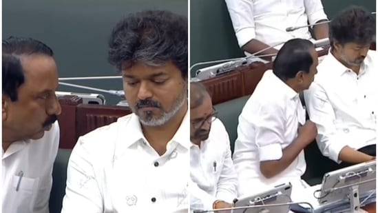Tamil Nadu chief minister Vijay seen seated next to ministers instead of his usual chair at the state Assembly