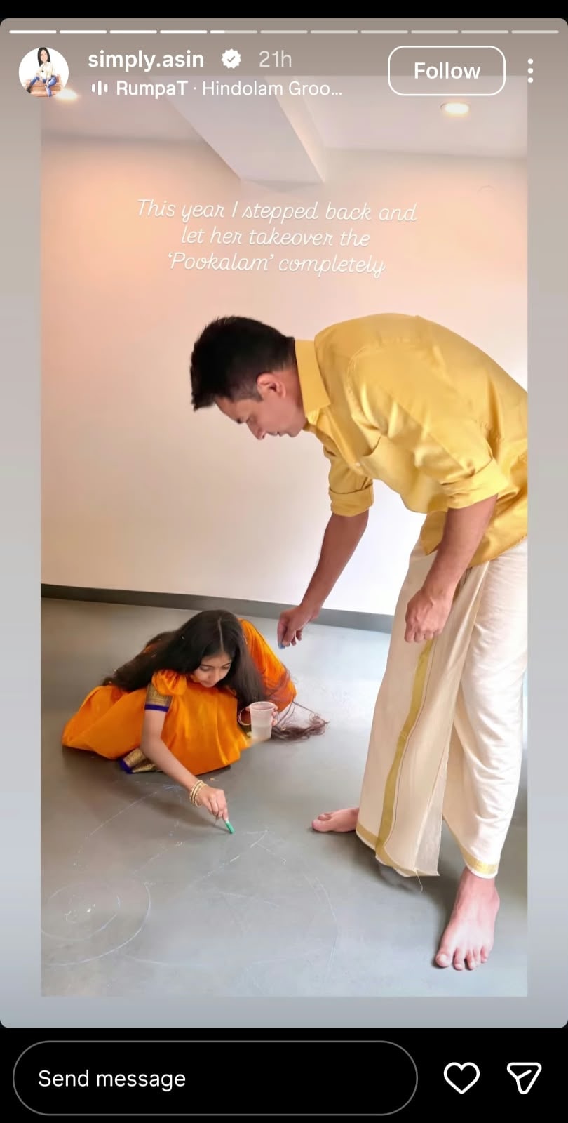 Asin turns her spectator mode on, watches her daughter making Pookalam.