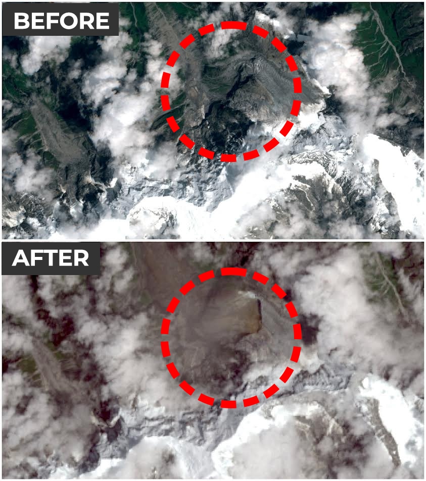 A combination of satellite images from August 24 (top) and August 26 (bottom) shows the glacier before and after it collapsed, which, according to experts, may have triggered flash floods and a mudslide, in Langtang, Nepal (Photo: Copernicus Sentinel-2 and Landsat 9/Handout via Reuters) A combination of satellite images from August 24 (top) and August 26 (bottom) shows the glacier before and after it collapsed, which, according to experts, may have triggered flash floods and a mudslide, in Langtang, Nepal (Photo: Copernicus Sentinel-2 and Landsat 9/Handout via Reuters)