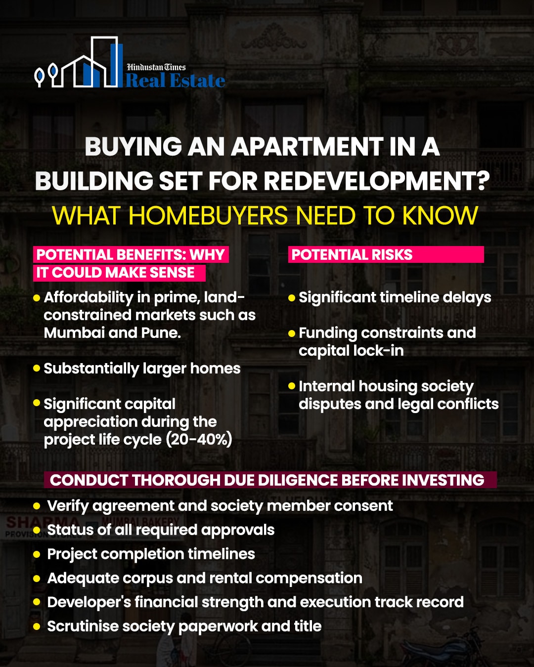 What homebuyers need to keep in mind while purchasing apartment in a building that is expected to undergo redevelopment. (HT Graphics)