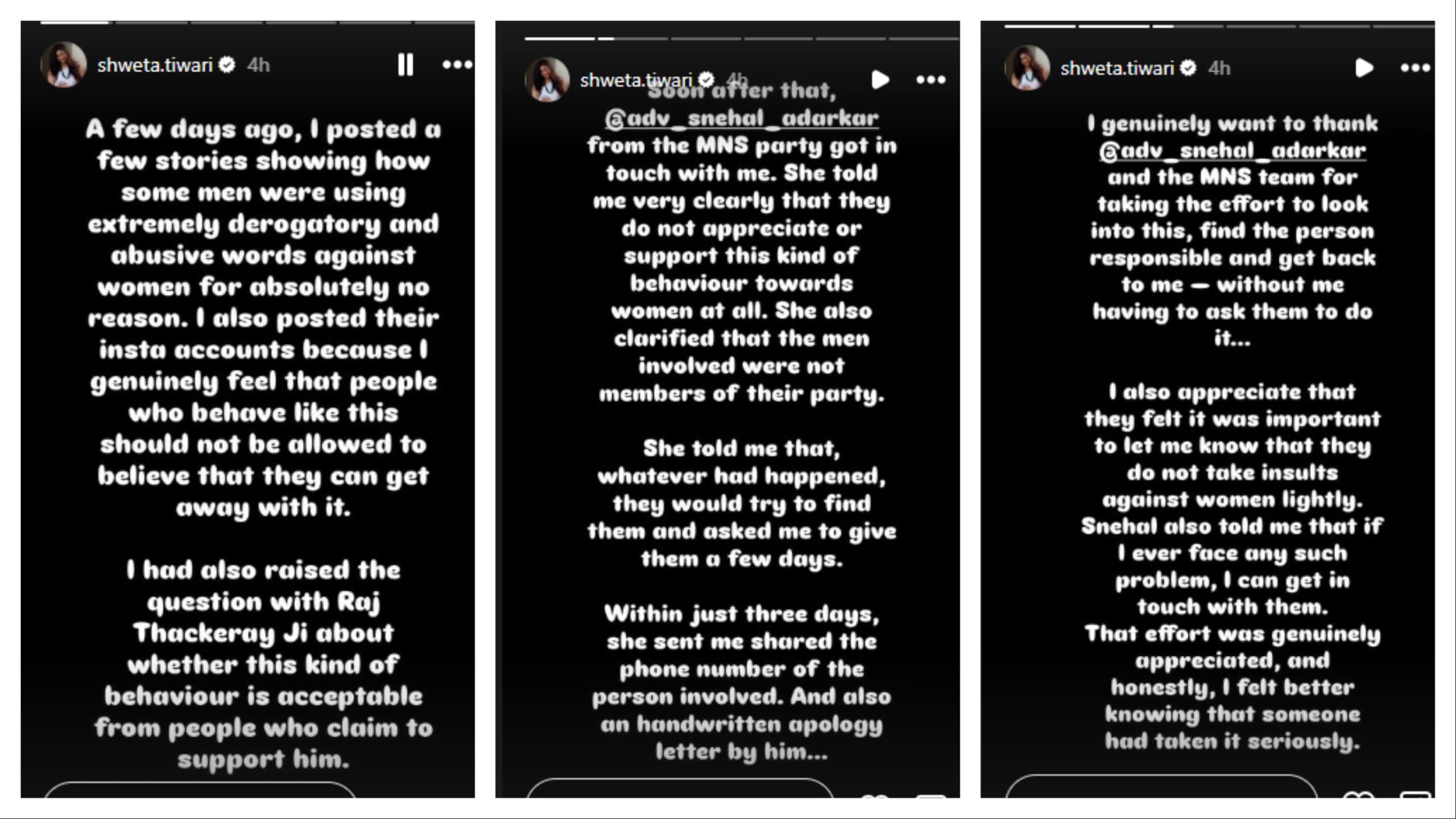 Shweta penned a long note on Instagram Stories.