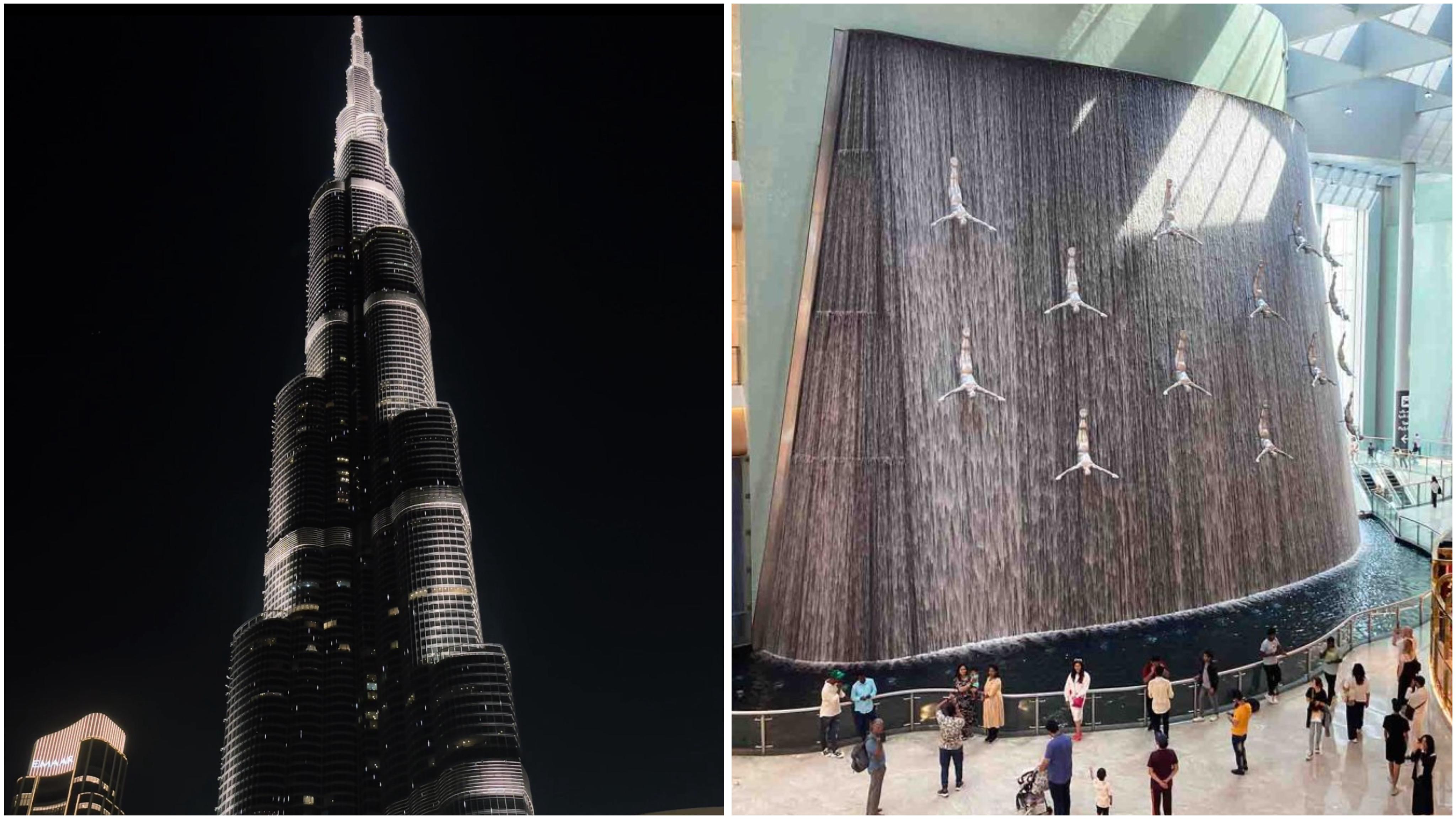 The Burj Khalifa, the world’s tallest building, lights up Dubai’s skyline after dark. (Akanksha Agnihotri)