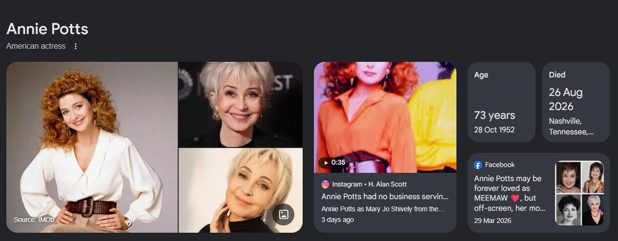 Annie Potts Google overview. (Google) Annie Potts Google overview. (Google)