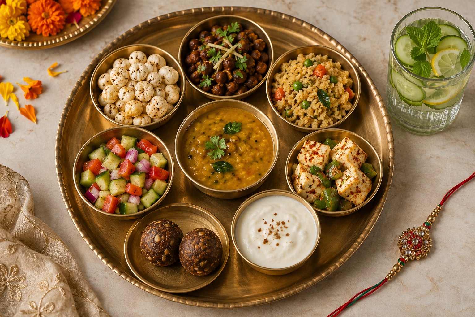 Add roasted makhana, chana, salad, dal, paneer, curd, homemade laddoos and infused water! (Picture credit: AI generated) Add roasted makhana, chana, salad, dal, paneer, curd, homemade laddoos and infused water! (Picture credit: AI generated)