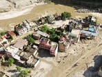A drone view of the devastation in Devighat area following a mud-laden flash flood caused by an outburst in the Bhotekoshi River, in Nuwakot on Thursday. 