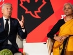 Canada’s Minister of Finance and National Revenue Francois-Philippe Champagne (left) and India’s Minister of Finance and Corporate Affairs Nirmala Sitharaman participate in a discussion at the Canadian Club, in Toronto on Thursday (AP)