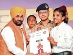Chief minister Bhagwant Mann on handing over appointment letter to a recruit at the Punjab Armed Police headquarters in Jalandhar on Thursday.