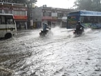 Waterlogging on a Delhi NCR road after heavy rain(Arvind Yadav/HT)