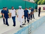Former Union minister Ravneet Singh Bittu inspected the School of Eminence’s lawn tennis courts, various sports grounds, and the swimming pool facility. (HT PHOTO)