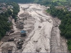 A drone view shows mud covering properties following a flash flood at Trishuli in Nuwakot district, Nepal