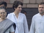 (L-R) Sonia Gandhi, Priyanka Gandhi and Rahul Gandhi.(HT FILE)