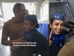 An IndiGo crew member surprised her father on his flight, where he saw her in uniform for the first time.(Instagram/shwetaaa.pandey)