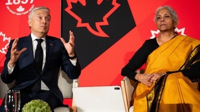 Canada’s Minister of Finance and National Revenue Francois-Philippe Champagne (left) and India’s Minister of Finance and Corporate Affairs Nirmala Sitharaman participate in a discussion at the Canadian Club. (AP)