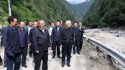 Chinese Premier Li Qiang visits a mudslide-hit area in Gyirong county, Shigatse, Tibet Autonomous Region, China. (VIA REUTERS)