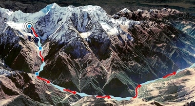 An HT infographic shows the exact spot where the glacier ruptured, setting off a torrential flood through the Himalayas in Nepal and Tibet on August 26, 2026. (HT Graphic)