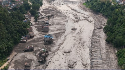 A drone view shows mud covering properties following a flash flood at Trishuli in Nuwakot district, Nepal (REUTERS)