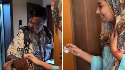 A woman tying rakhi to a delivery man. (Instagram/@kan.shhha) A woman tying rakhi to a delivery man. (Instagram/@kan.shhha)