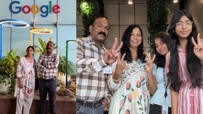 A Google Hyderabad employee brought her parents to her office for the first time and shared the emotional moment. (Instagram/thatmoodycoder) A Google Hyderabad employee brought her parents to her office for the first time and shared the emotional moment. (Instagram/thatmoodycoder)