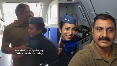 An IndiGo crew member surprised her father on his flight, where he saw her in uniform for the first time. (Instagram/shwetaaa.pandey) An IndiGo crew member surprised her father on his flight, where he saw her in uniform for the first time. (Instagram/shwetaaa.pandey)