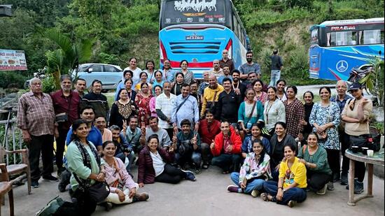 A group photo of 53 Indian nationals, including 37 people from Maharashtra, who crossed from China to reach Nepal, in Kathmandu on Friday. (MEA)