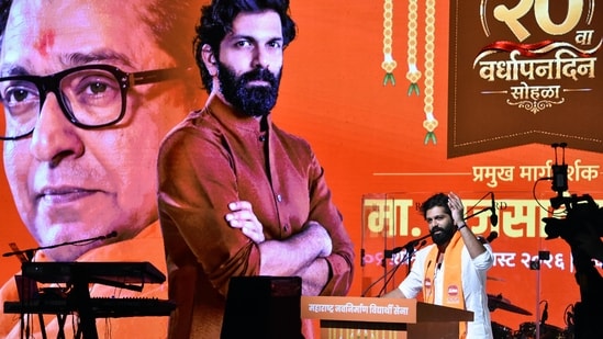 Maharashtra Navnirman Sena (MNS) leader Amit Thackeray speaks during the 20th Foundation Day celebrations of the Maharashtra Navnirman Vidyarthi Sena (MNVS), in Mumbai on Saturday. (Sandip Mahankal)