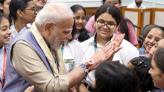 Continuing the annual tradition, schoolgirls visited the prime minister's official residence at 7, Lok Kalyan Marg, where they tied 'rakhis' on his wrist.