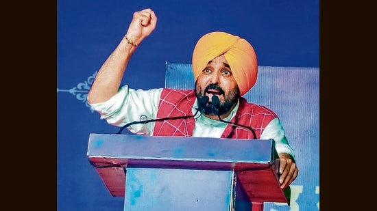 Punjab chief minister Bhagwant Mann during a rally at Rayia, in Amritsar, on Friday. (HT Photo)