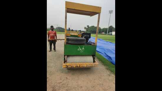 Pitch roller in the cricket training academy in IMT Manesar where an eight-year-old boy was killed after being crushed (HT Photo)