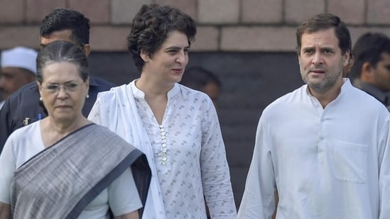 (L-R) Sonia Gandhi, Priyanka Gandhi and Rahul Gandhi.