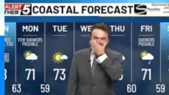 Meteorologist Patrick Osborn's live weather report turned chaotic as he couldn’t control his laughter.