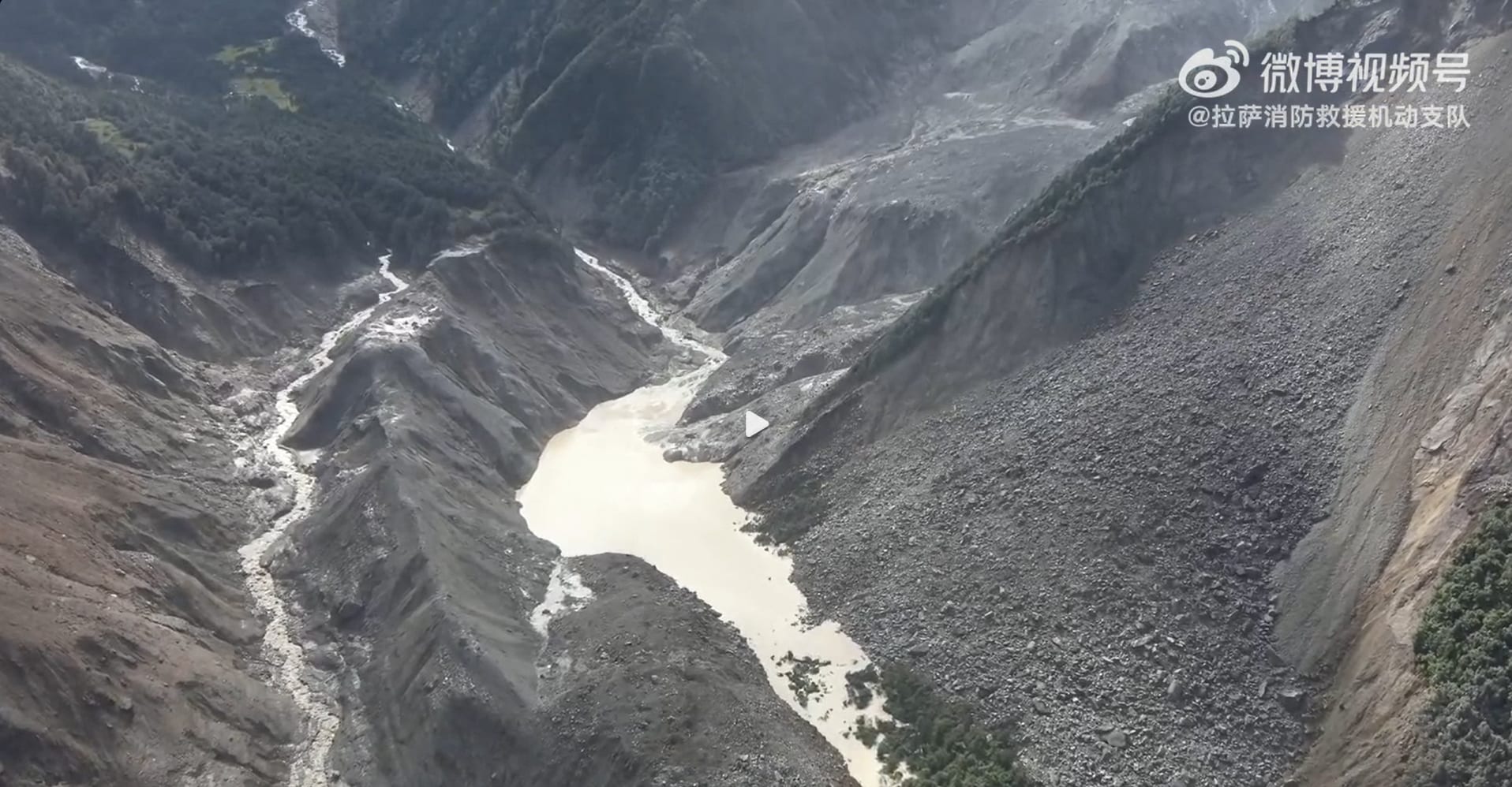 The barrier lake that formed after a landslide near where Nepal's Chhochen Khola River flows into the Purepu Tsangpo River, in Gyirong county, Tibet. (Lhasa authorities via AFP)