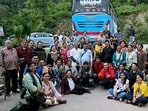 A group photo of 53 Indian nationals, including 37 people from Maharashtra, who crossed from China to reach Nepal, in Kathmandu on Friday. (MEA)